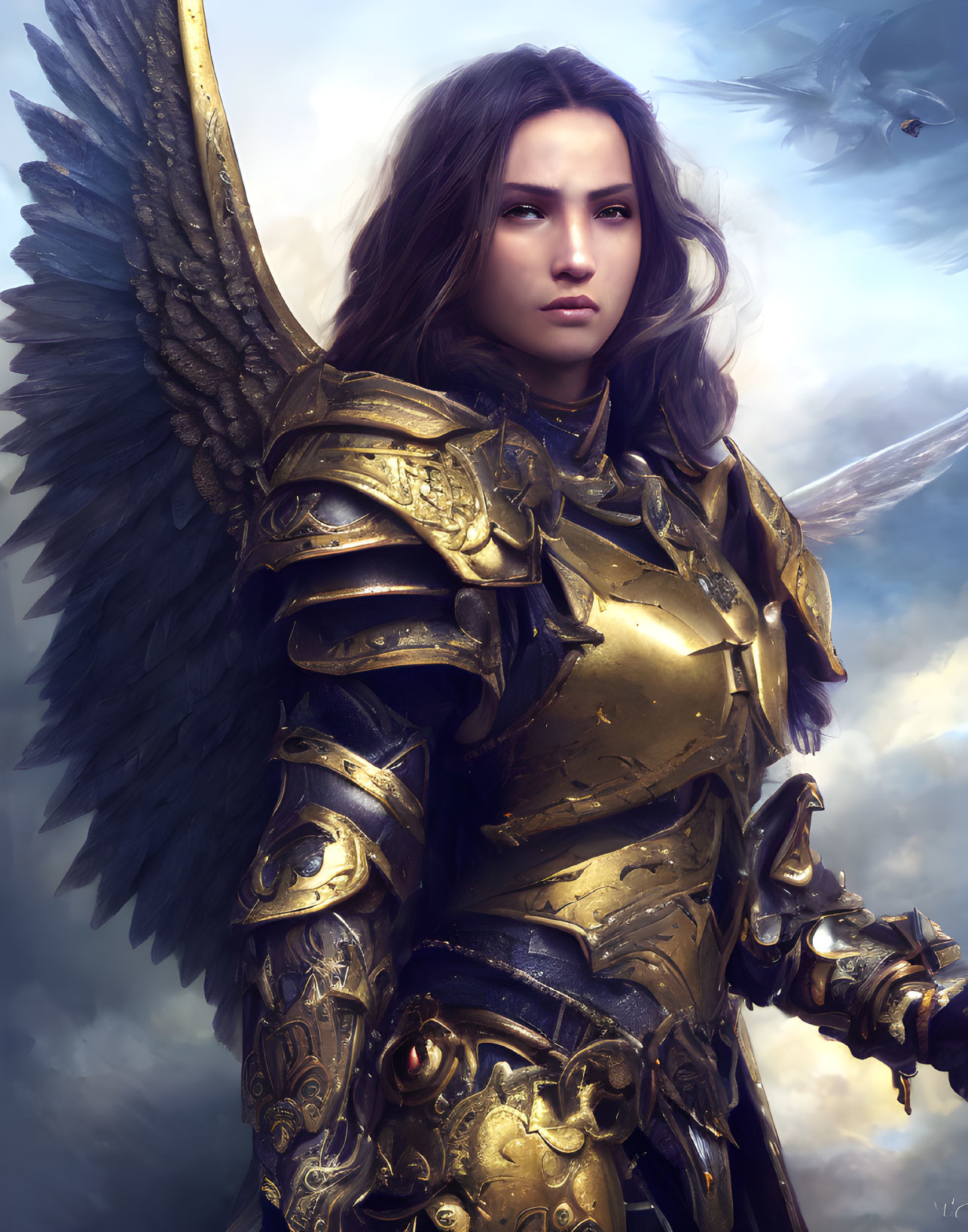 Digital art: Woman in golden armor with wings and sword in cloudy sky