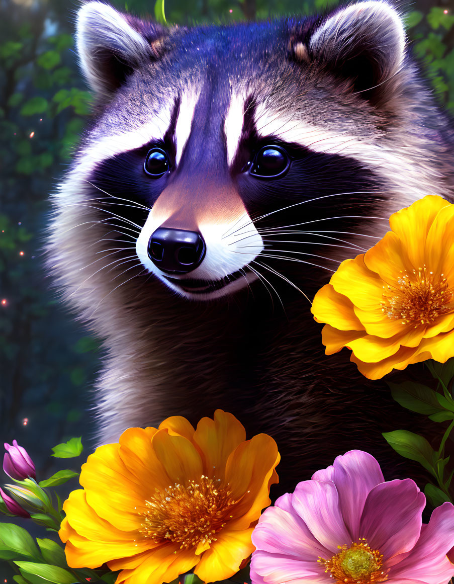 Detailed close-up of raccoon with vibrant flowers and green foliage