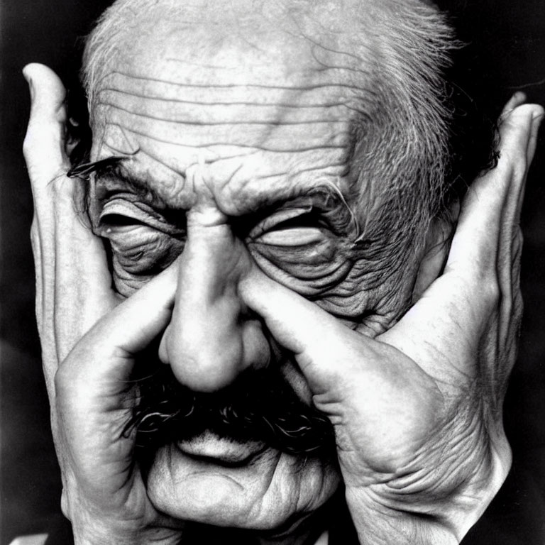 Monochrome close-up: Elderly man with mustache, grimacing