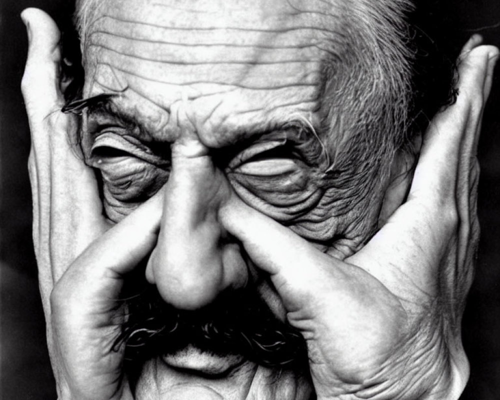 Monochrome close-up: Elderly man with mustache, grimacing