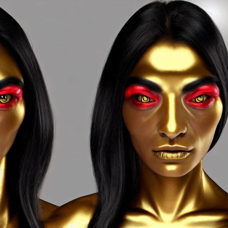 Identical female figures with golden skin and red eyes on grey background