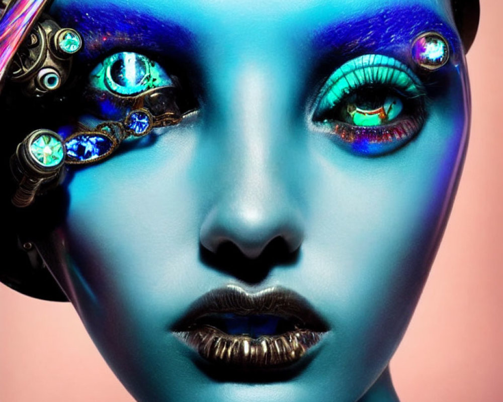 Blue-hued face with colorful makeup and cybernetic eye enhancements