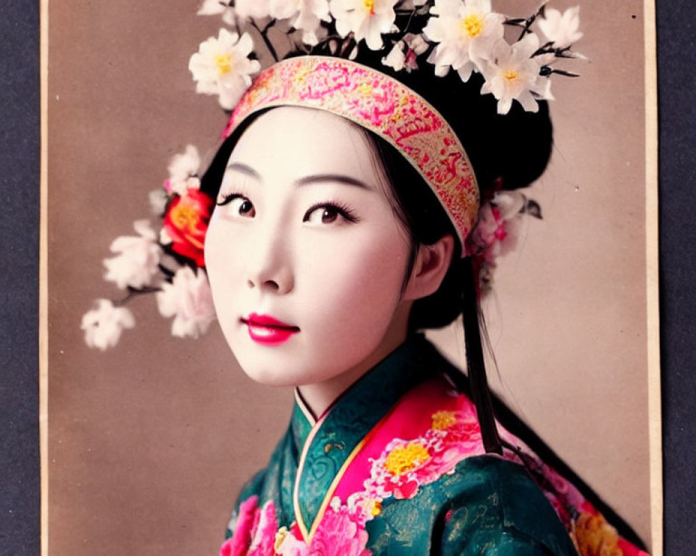 Vintage Colored Portrait of Woman in Traditional Attire with Floral Headpiece