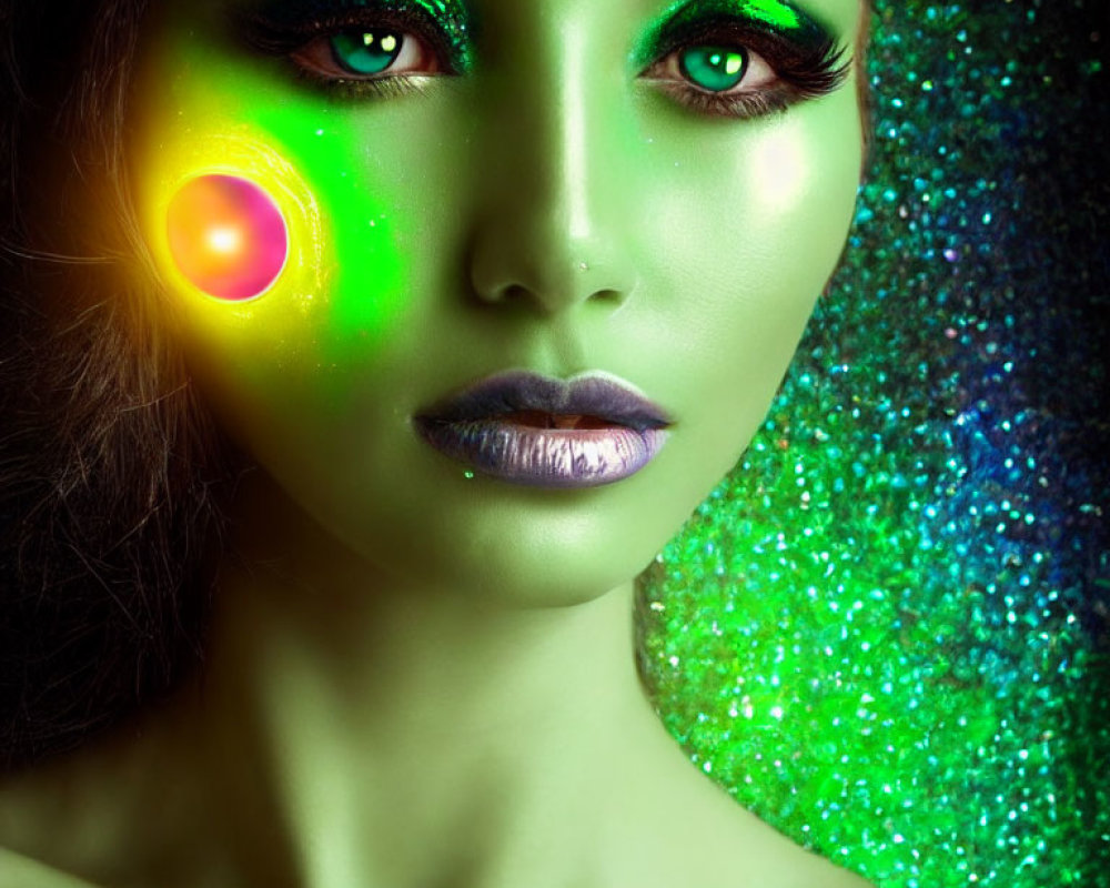 Vibrant green-skinned woman with metallic purple lips and sparkling makeup