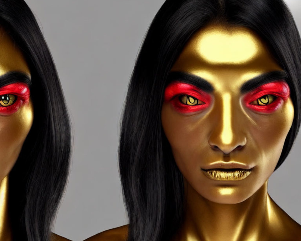 Identical female figures with golden skin and red eyes on grey background