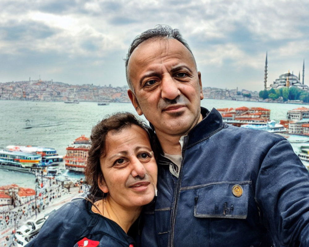 Couple selfie with city skyline, mosques, and riverfront view