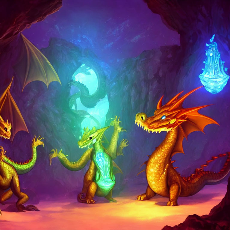 Vibrant Dragons and Blue Artifact in Mystical Cave