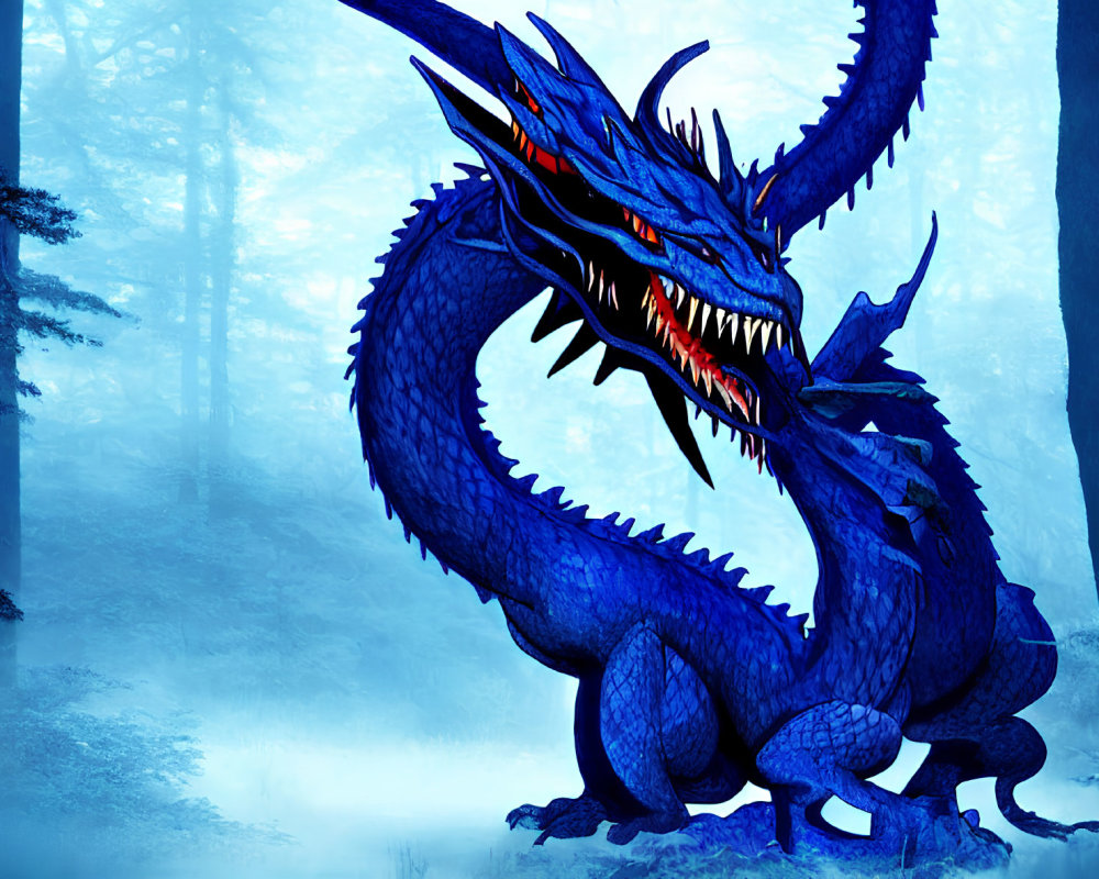 Blue dragon with sharp horns in misty forest