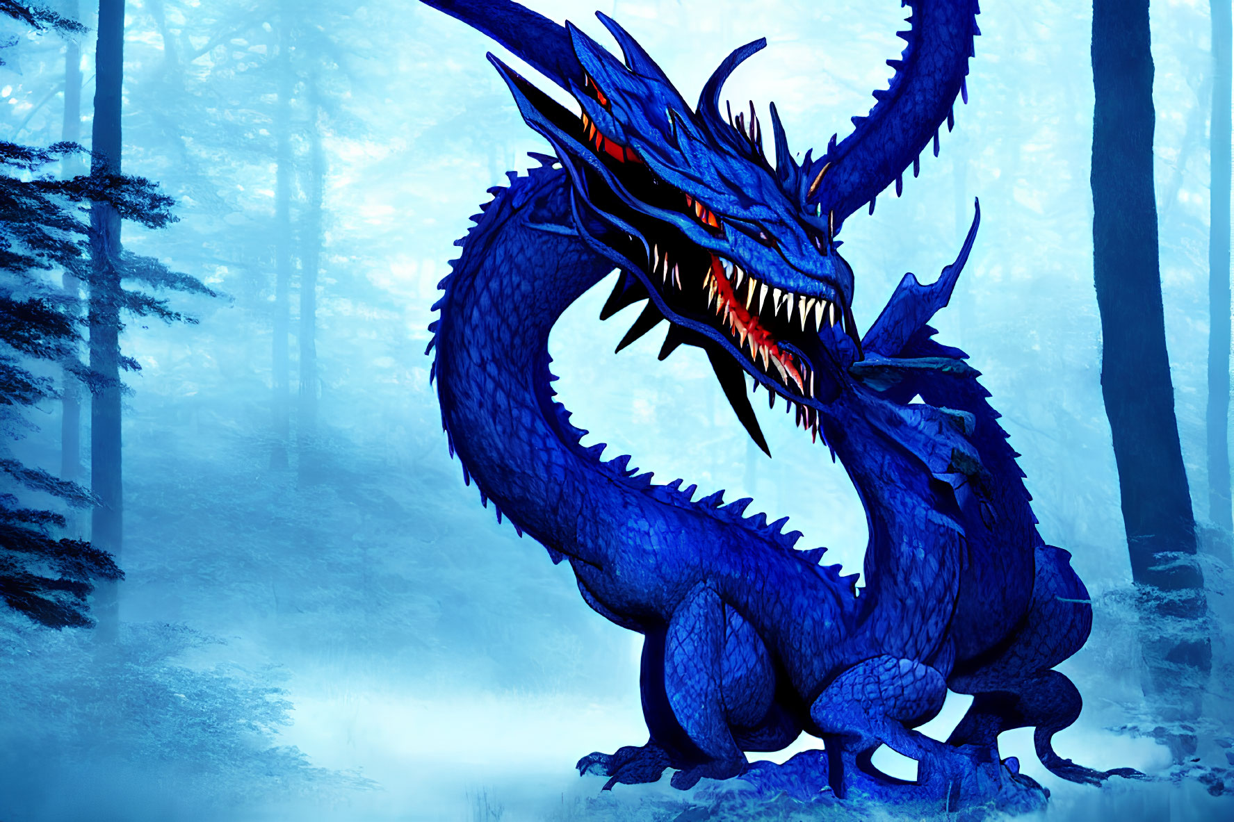 Blue dragon with sharp horns in misty forest