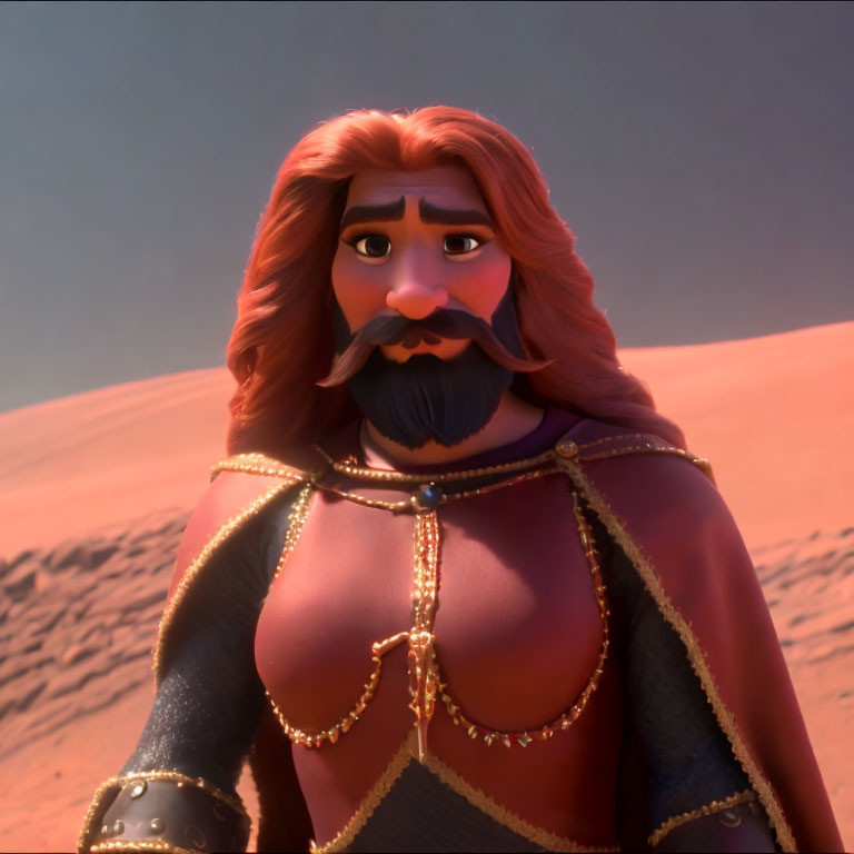 Red-bearded animated character in gold-trimmed armor in desert scene