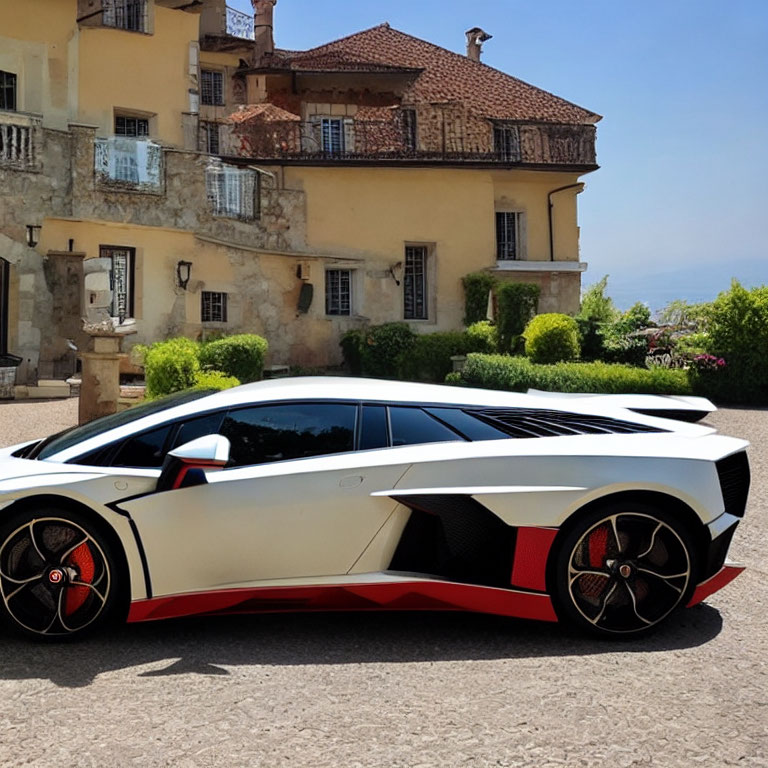 White and Red Sports Car Outside Classic Yellow-Stone Building