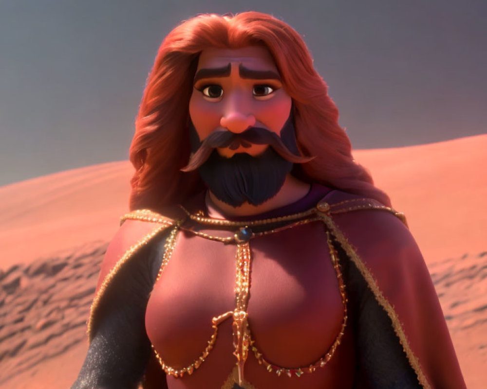 Red-bearded animated character in gold-trimmed armor in desert scene