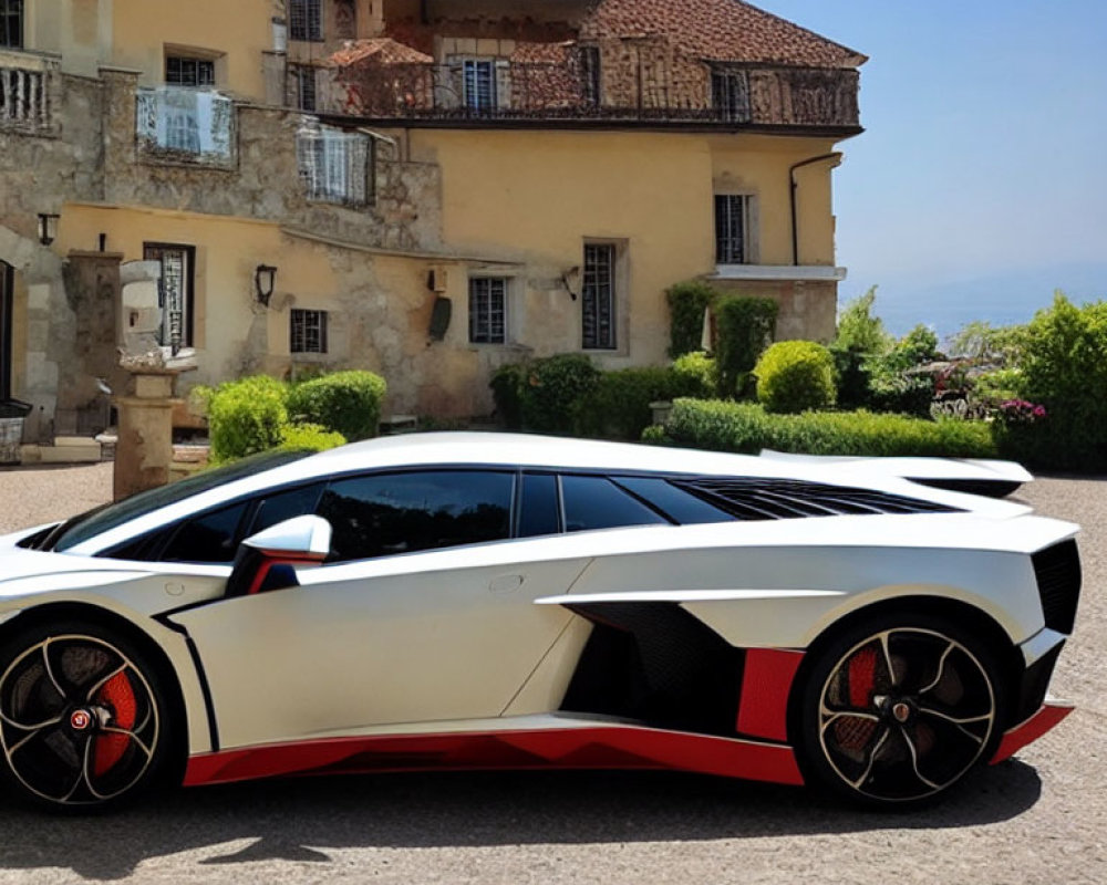 White and Red Sports Car Outside Classic Yellow-Stone Building