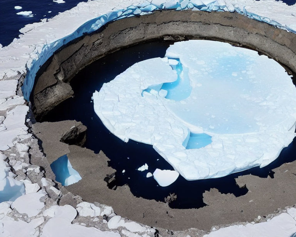 Circular Ice Formation Surrounded by Fragmented Ice Floes in Dark Blue Ocean