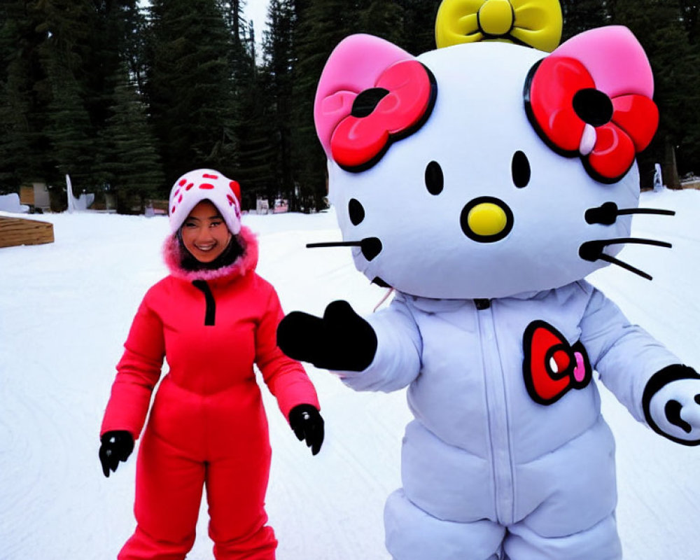 Person in Pink Ski Suit with Hello Kitty Mascot in Snowy Landscape