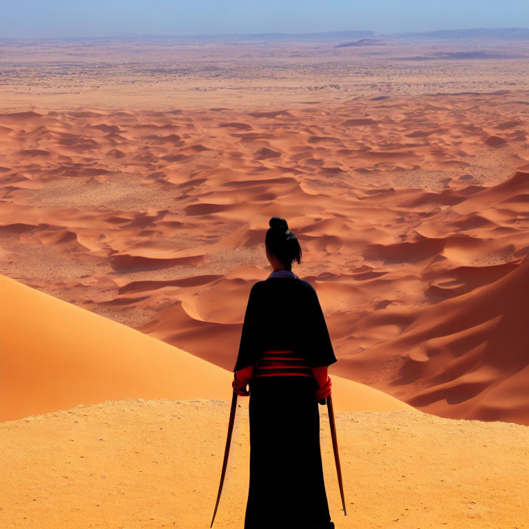 Traditional Attire Figure in Desert Landscape with Blue Sky