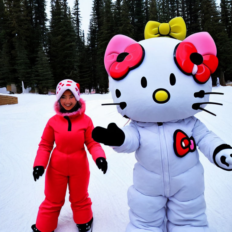 Person in Pink Ski Suit with Hello Kitty Mascot in Snowy Landscape