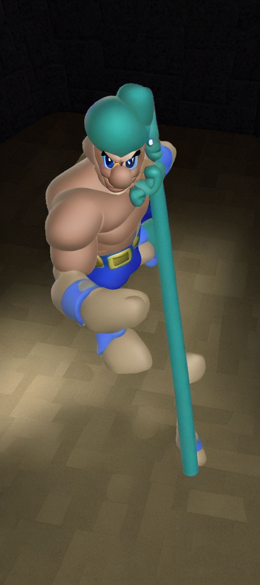 Muscular cartoon character in blue attire with green stick in dimly lit room