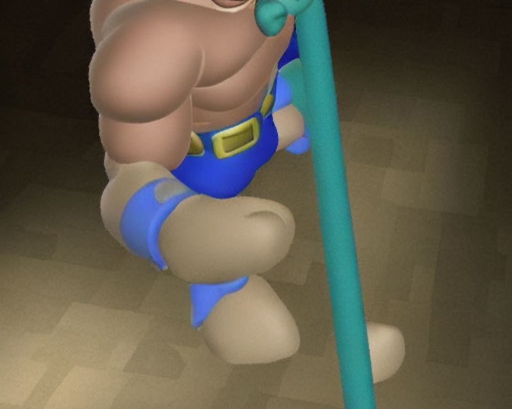 Muscular cartoon character in blue attire with green stick in dimly lit room