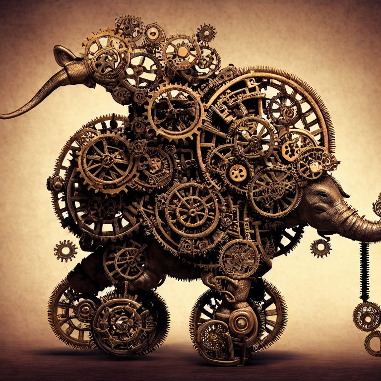 Steampunk elephant sculpture with gears and cogs