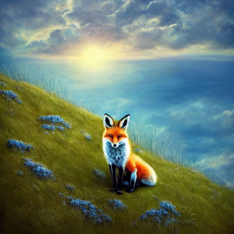 Colorful fox on grassy hill at sunset by the sea