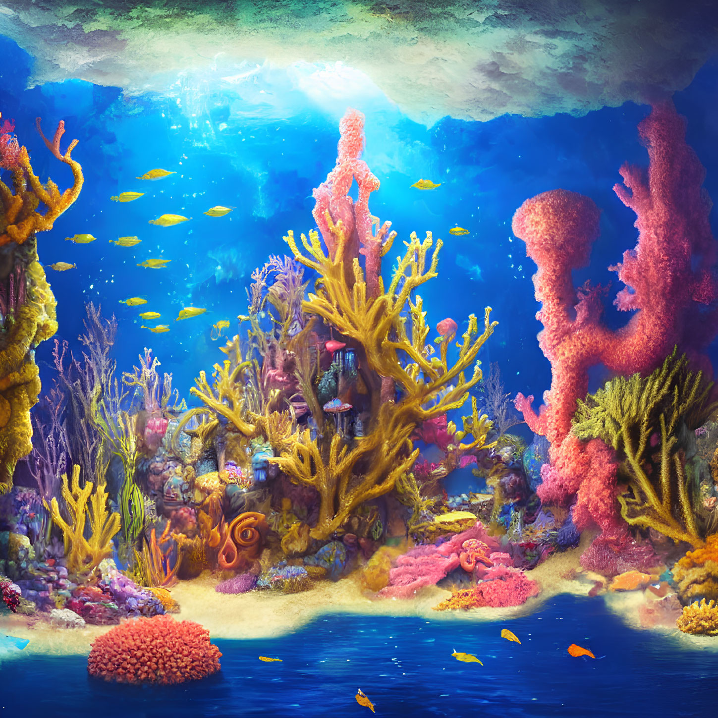 Colorful Coral Formations and Fish in Vibrant Underwater Scene