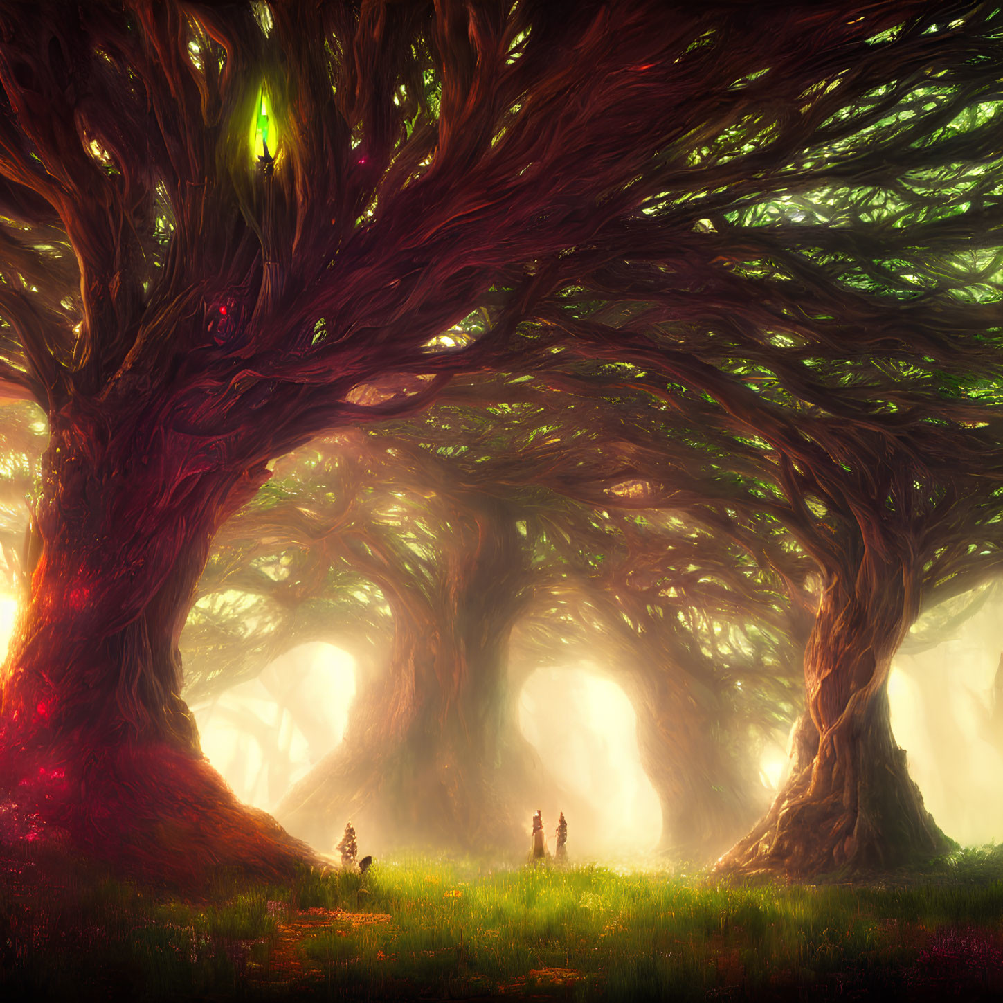 Mystical forest with ancient trees and small figures in magical ambiance