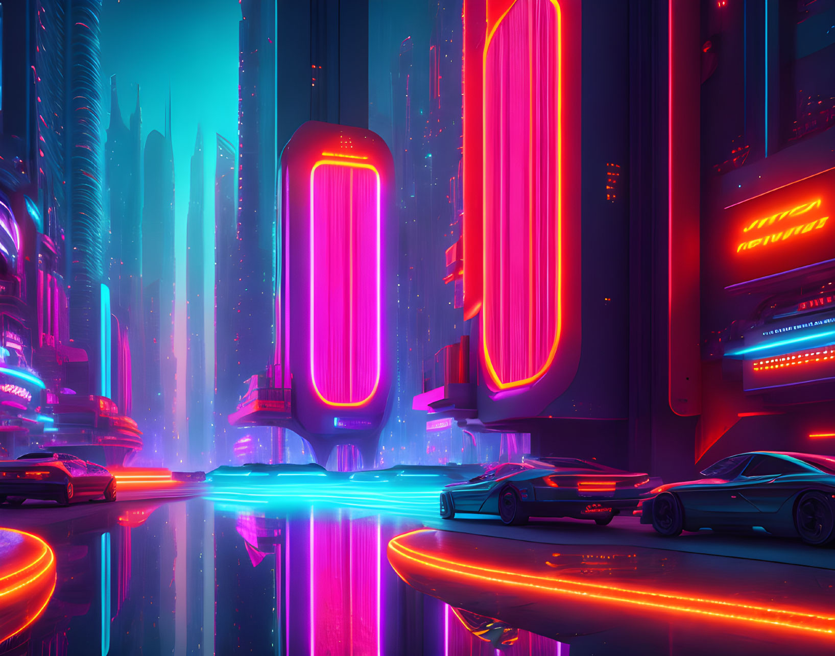 Futuristic cityscape: neon lights, flying cars, skyscrapers on glossy surface