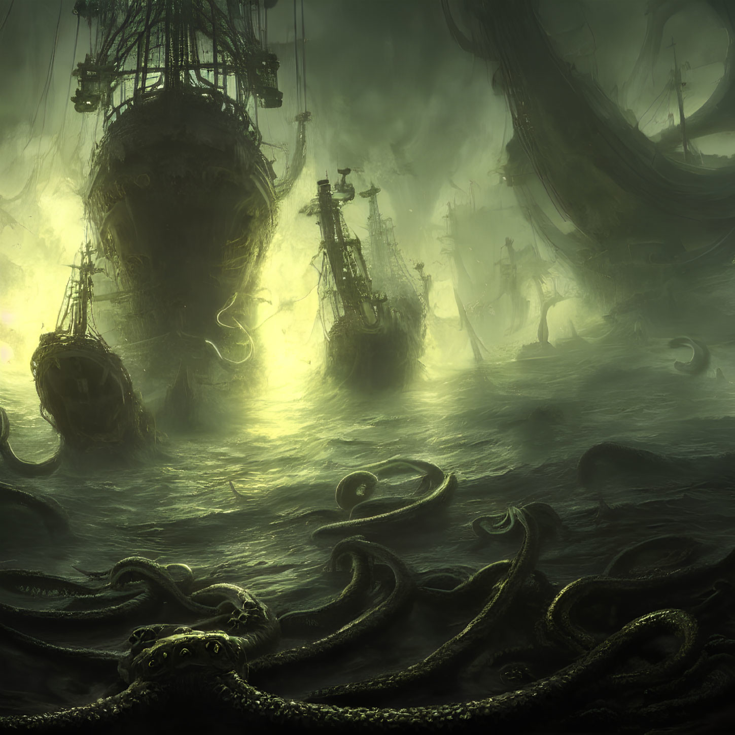 Ghost ships and sea monster tentacles in misty green glow