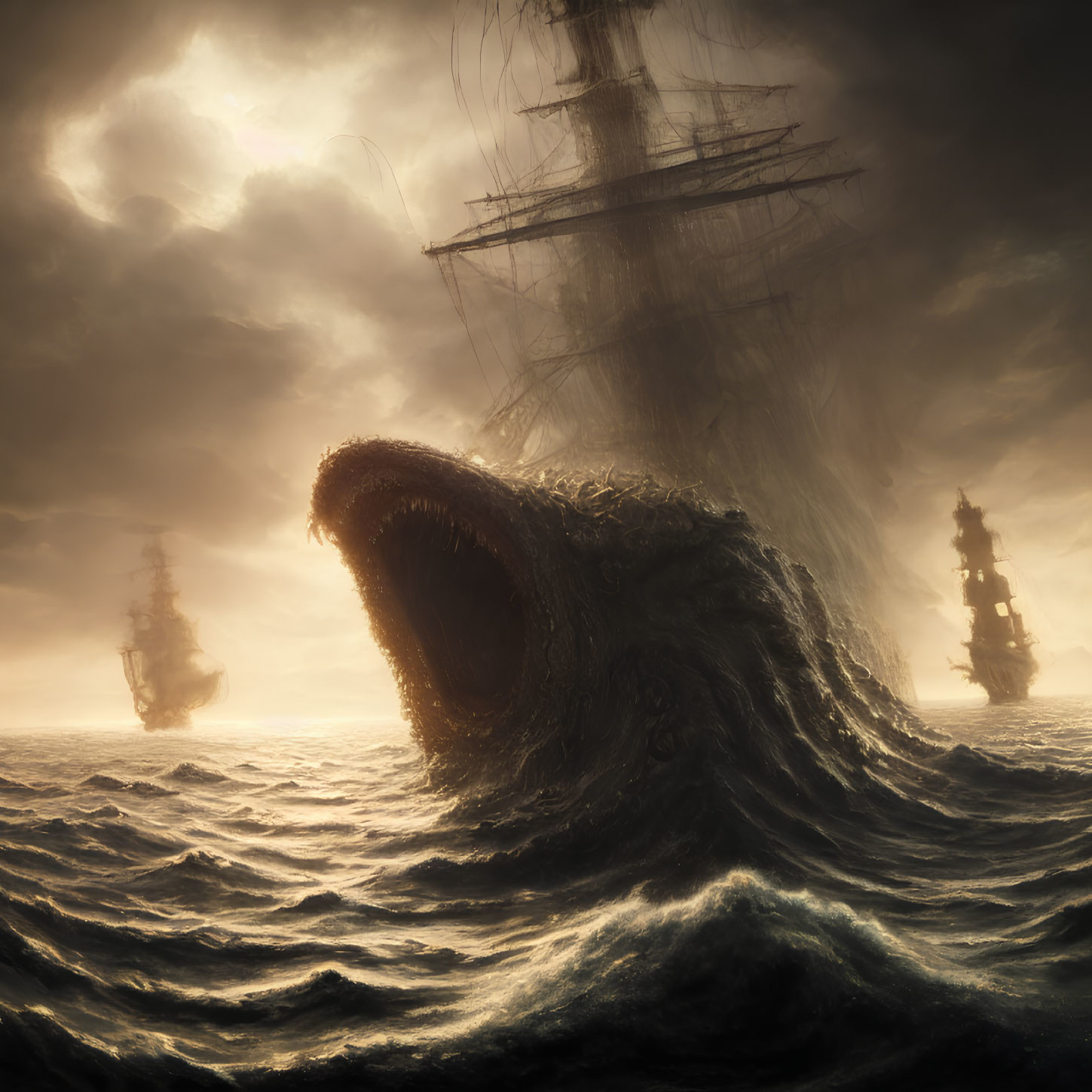 Gigantic sea monster near ships in stormy ocean