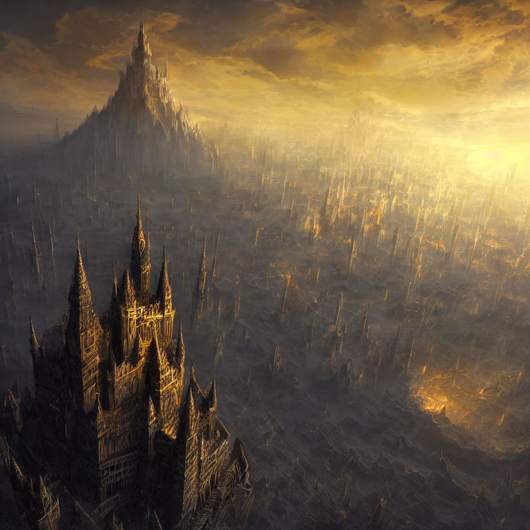 Gothic castle in dystopian cityscape at sunrise or sunset