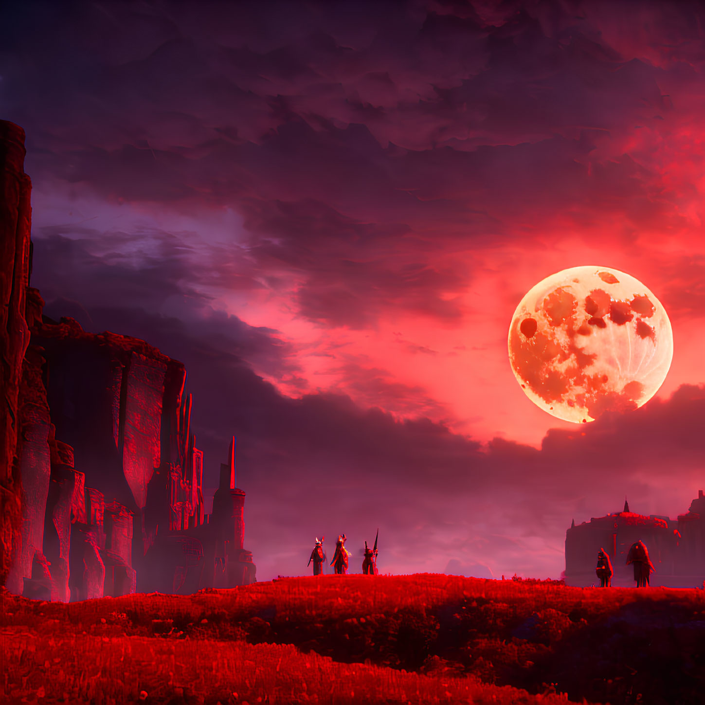 Large Red Moon Over Silhouettes in Surreal Fantasy Scene