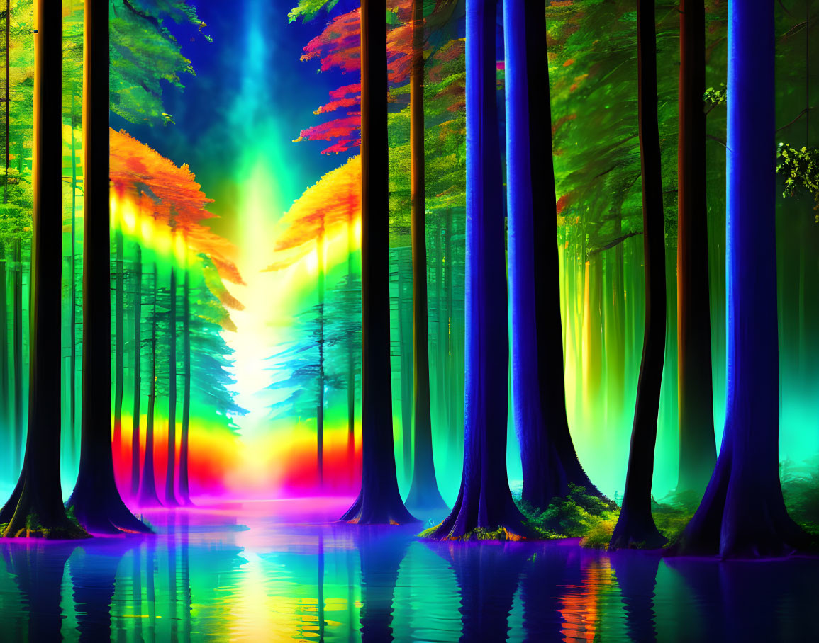 Colorful Neon-Lit Forest Reflection in Water