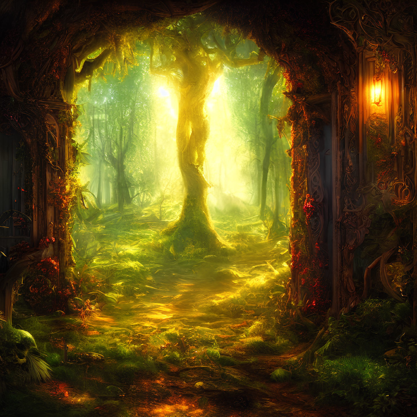 Enchanting forest glade with mystical golden light and ornate door