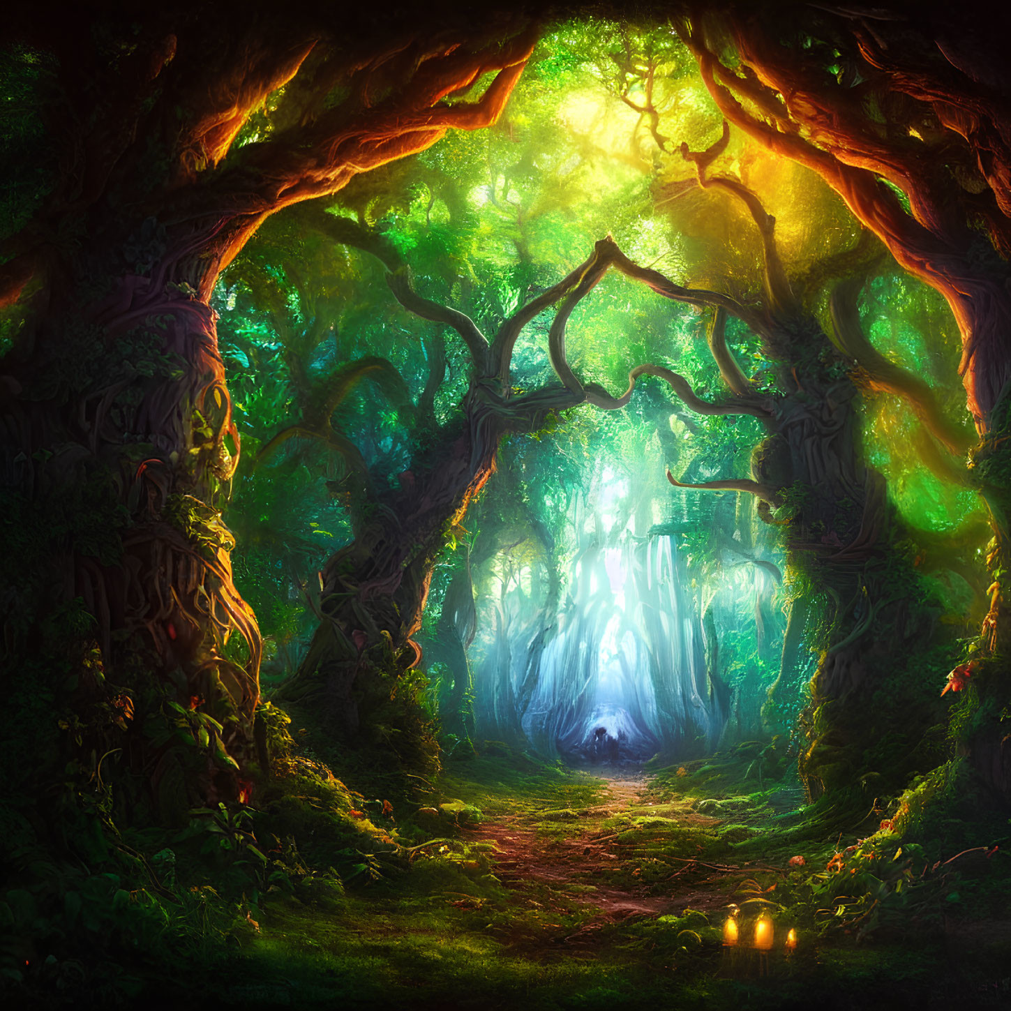 Mystical forest scene with lush greenery and twisted tree archway