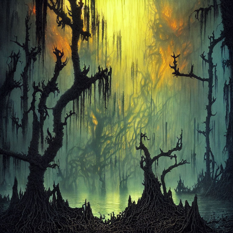 Mystical forest with gnarled trees and hanging moss in glowing yellow light