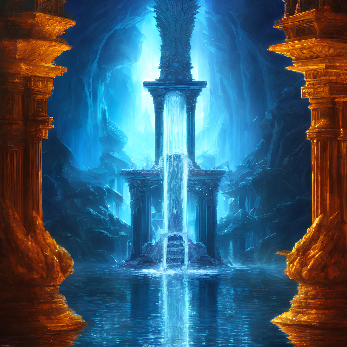 Ethereal underground cavern with blue glow, ancient pillars, and central waterfall