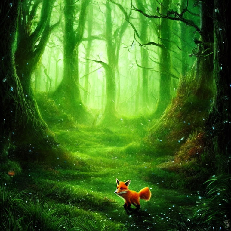 Vivid Fox in Enchanting Green Forest with Mist