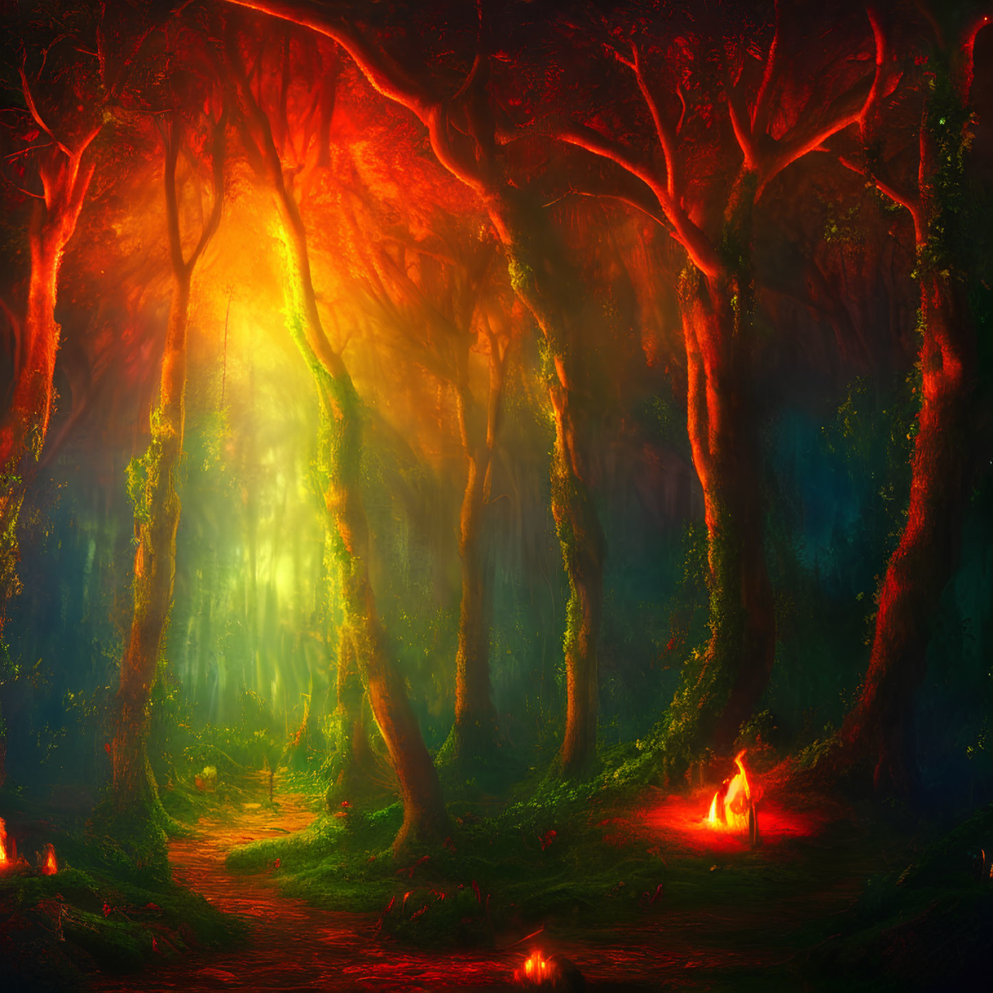 Mystical forest scene with towering trees and ambient glow