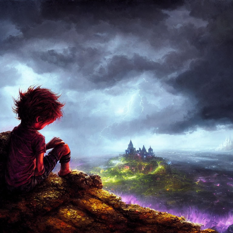 Child admires glowing forest and castle under stormy sky.