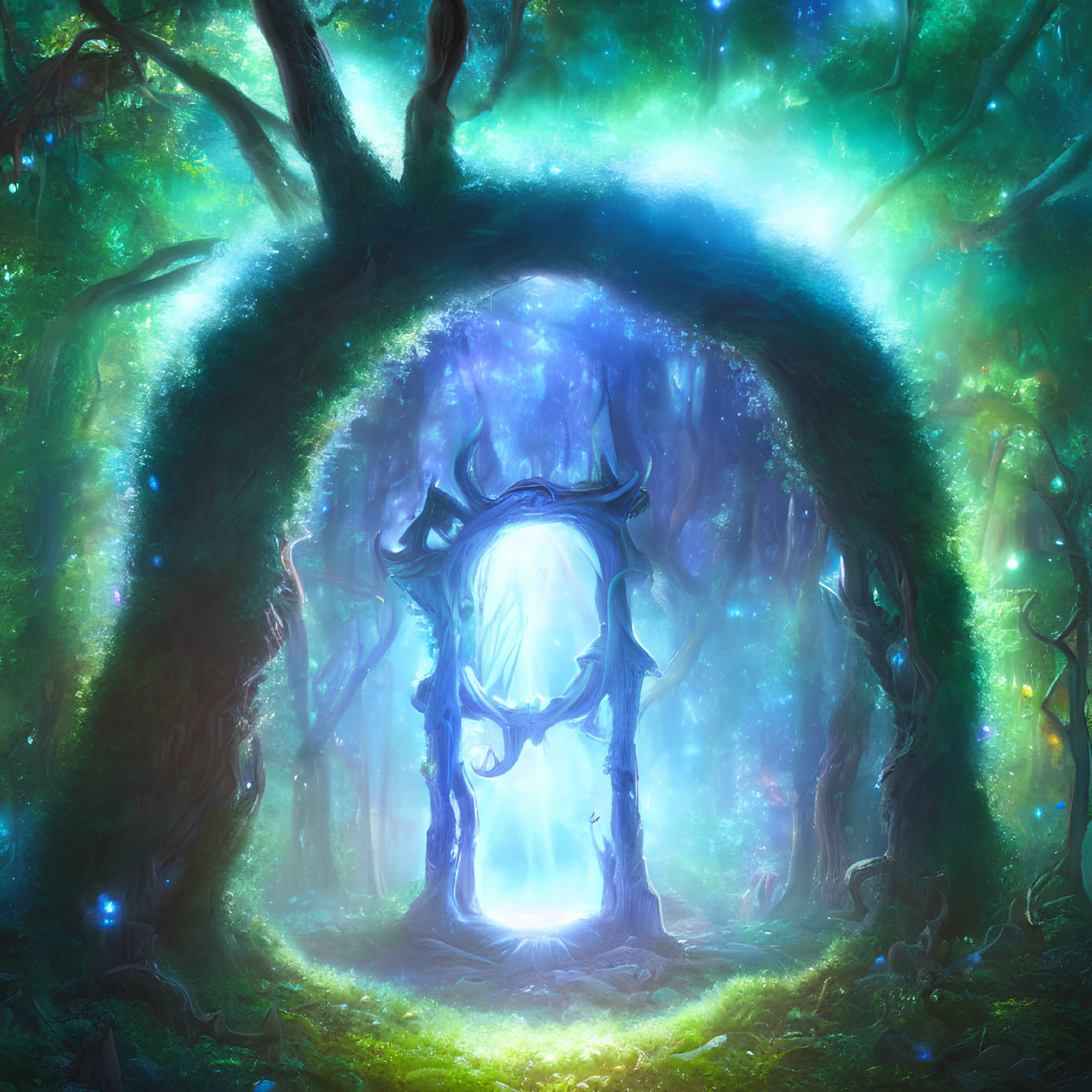 Enchanted forest glade with magical portal and starlit sky