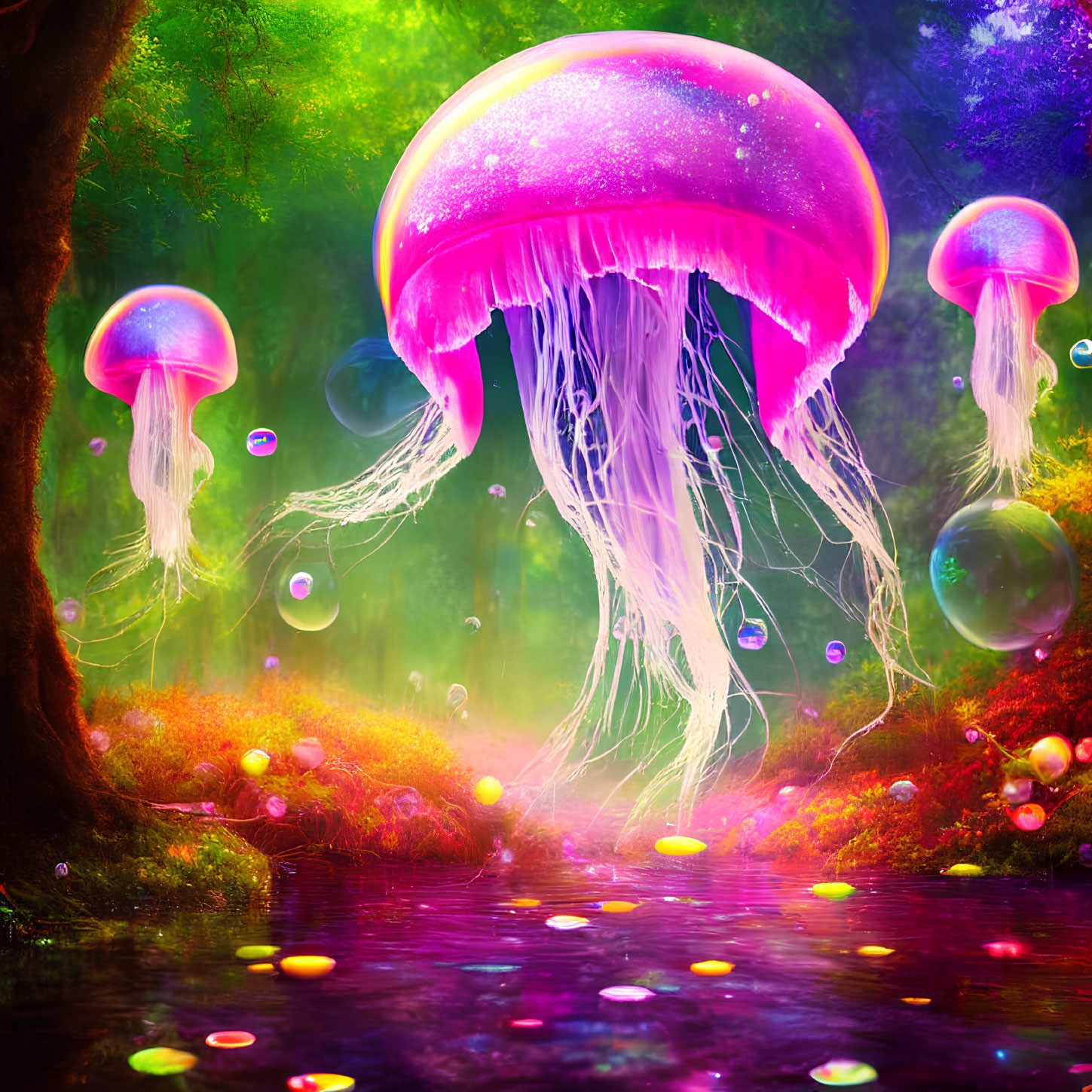 Colorful Forest River: Glowing Jellyfish and Bubble-filled Scene