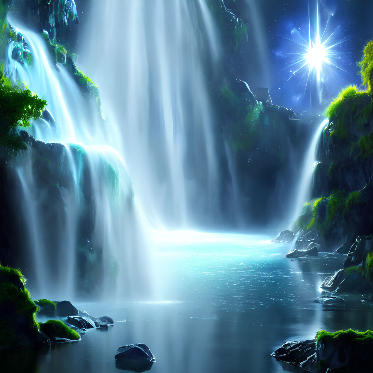 Vibrant waterfall cascading among greenery and rocks under starburst sky