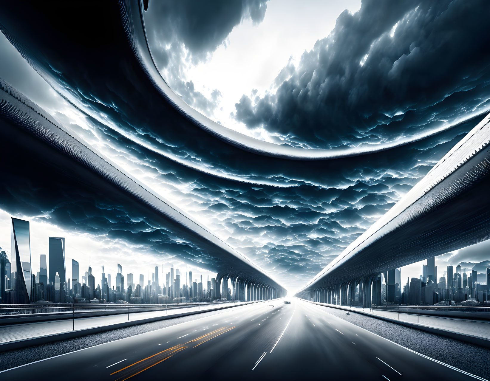 Futuristic cityscape with sleek roads under turbulent sky