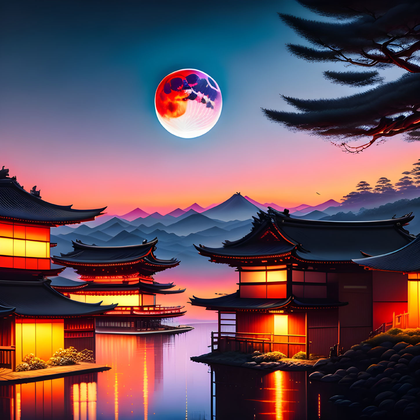 Japanese traditional buildings, red moon, mountains, and lake at twilight