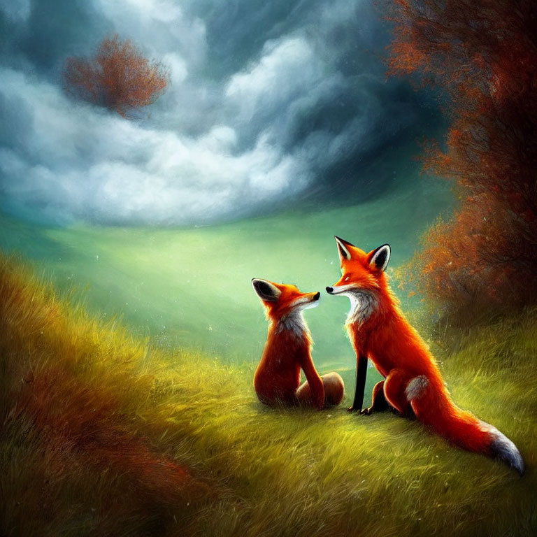 Vibrant autumn meadow with two nuzzling foxes under brooding sky