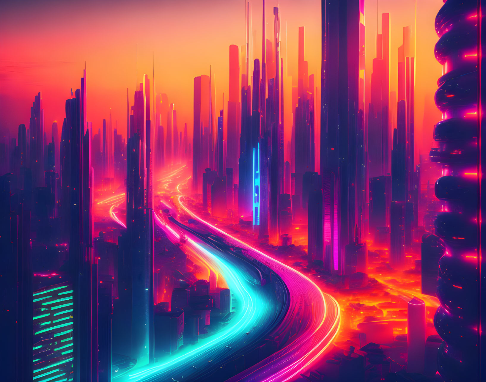 Futuristic neon-lit cityscape with skyscrapers and glowing highways