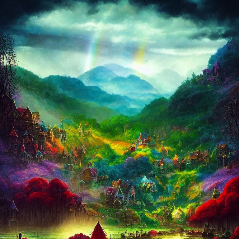 Colorful Fantasy Village Among Misty Mountains and Double Rainbow