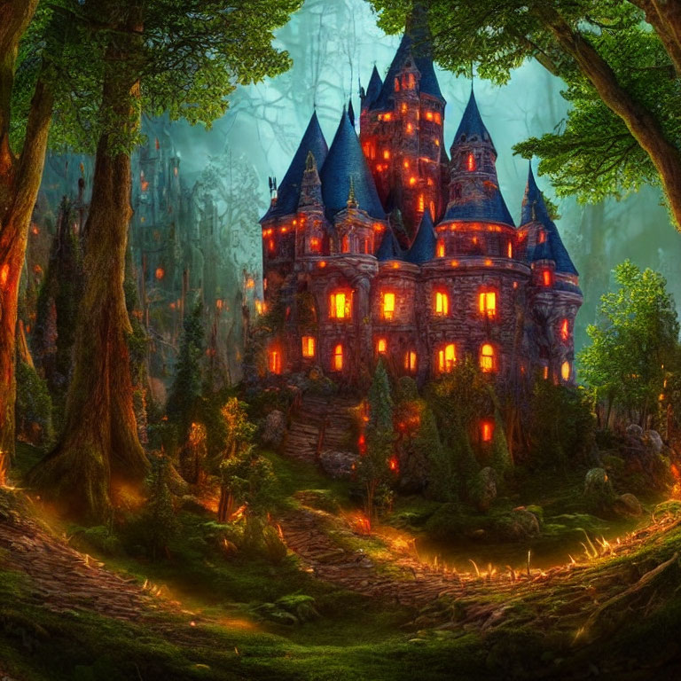 Enchanting Gothic castle in mystical forest with illuminated windows