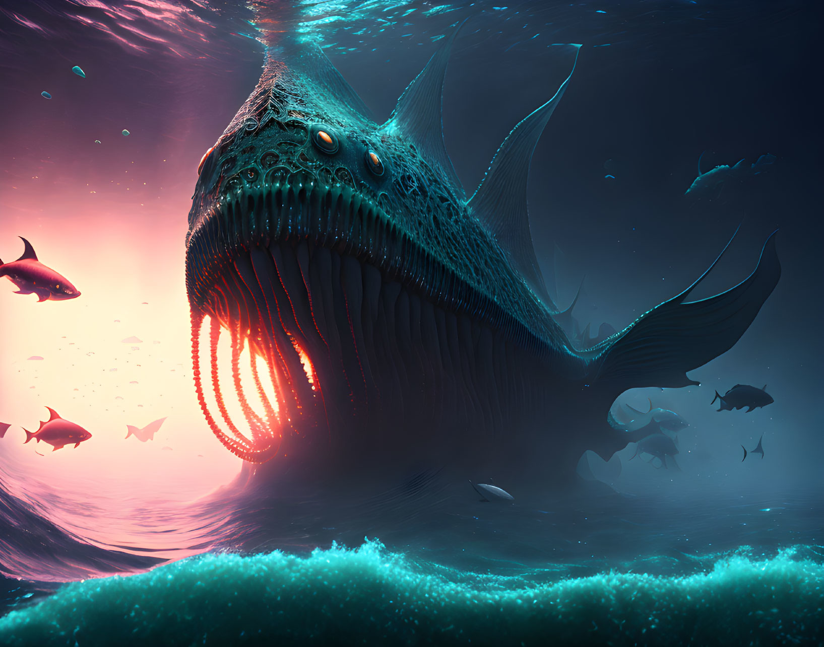 Enormous sea creature with sharp teeth and bioluminescent tendrils in mystical underwater scene